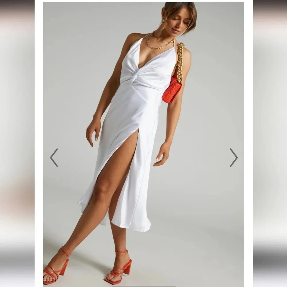 florentina open back cocktail midi dress Florentina Twist Front Open Tie Back Midi Dress in White Satin